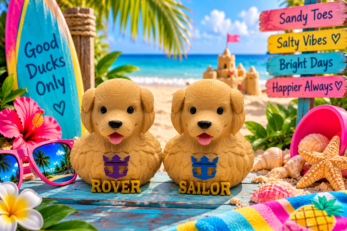 Set of 2 3D Printed, 1 Icon of the Seas, Rover the Dog Duck, and 1 Star of the Seas, Sailor the Dog Duck