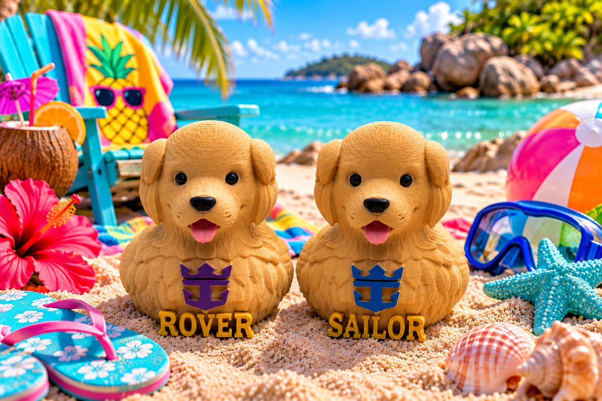 Set of 2 3D Printed, 1 Icon of the Seas, Rover the Dog Duck, and 1 Star of the Seas, Sailor the Dog Duck